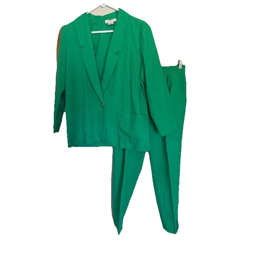 Worthington Suit Set Green Blazer & Pants 10 Petite Feminine Office‎ Outfit USA